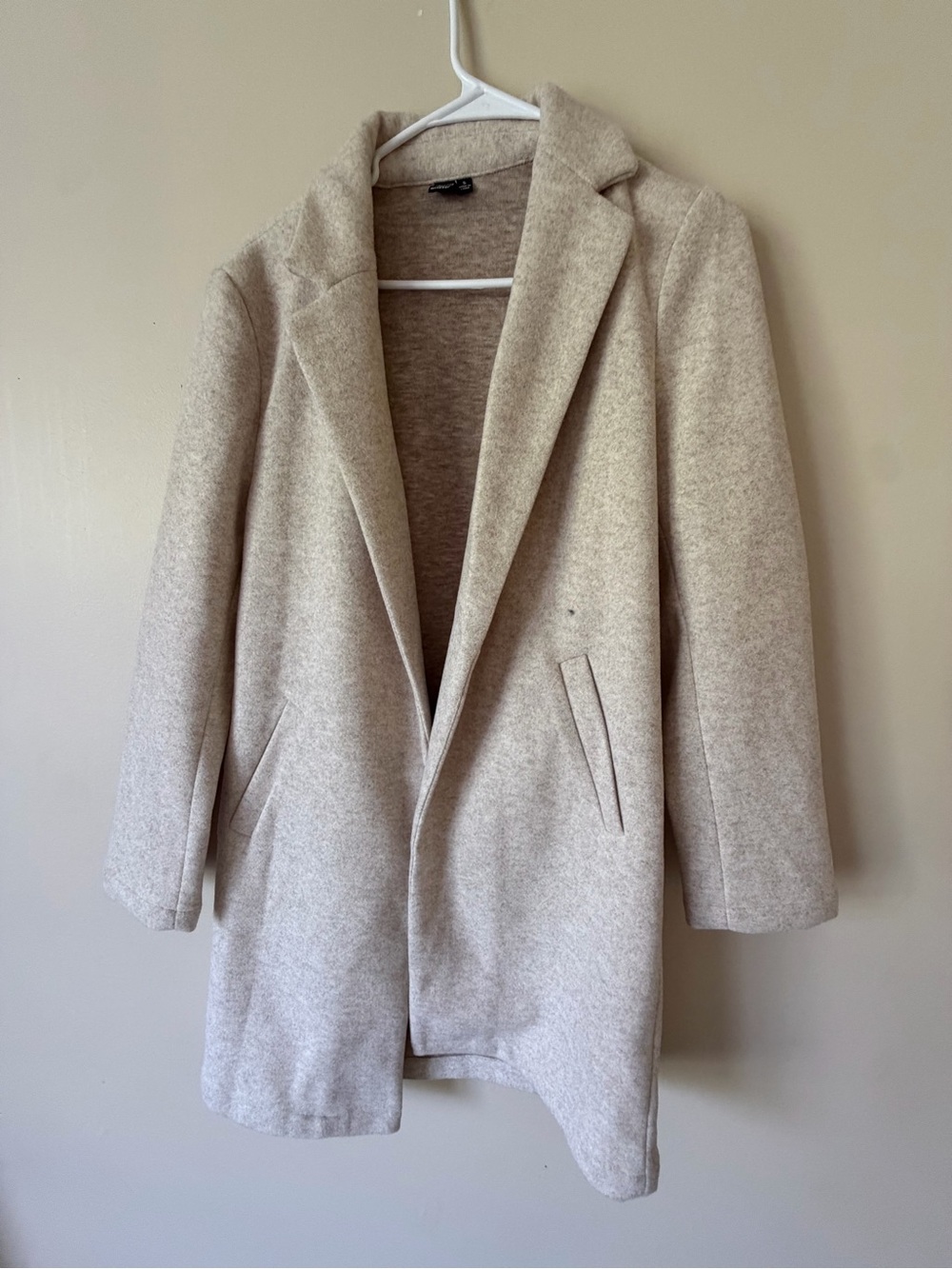 Beige Wool-Blend Open Front Coat